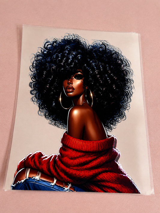 Afro Woman- Red Shirt UVDTF Decal